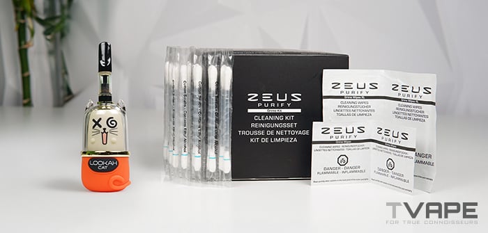 La batterie Lookah Cat 510 est présentée avec le kit de nettoyage Zeus Purify.
