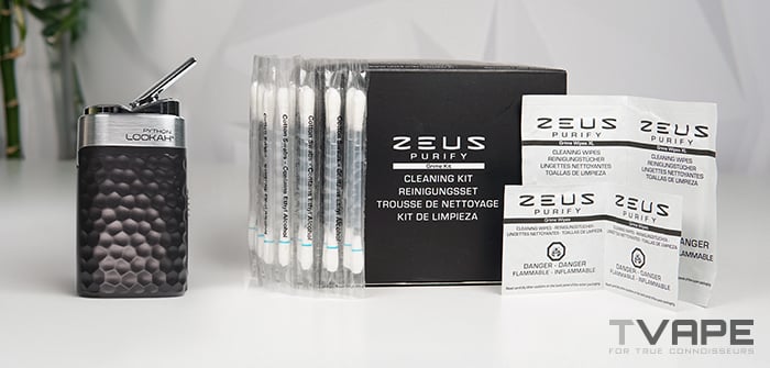 Le vaporisateur à concentré Lookah Python est présenté avec le kit de nettoyage Zeus Purify.