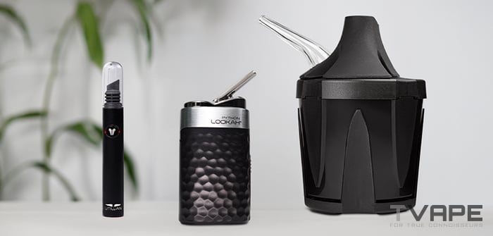 Le vaporisateur de concentrés Lookah Python est présenté avec Zeus Iceborn pour refroidir la vapeur et l'outil Utillian Hot Wax Axe pour charger facilement les concentrés.