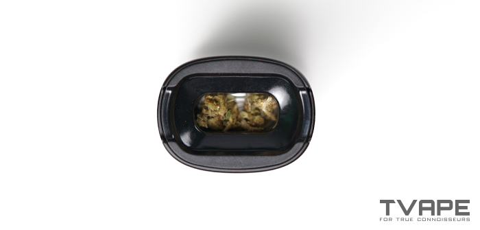 Vaporisateur Pax 4 – gros plan sur la chambre de chauffe remplie d'herbes sèches