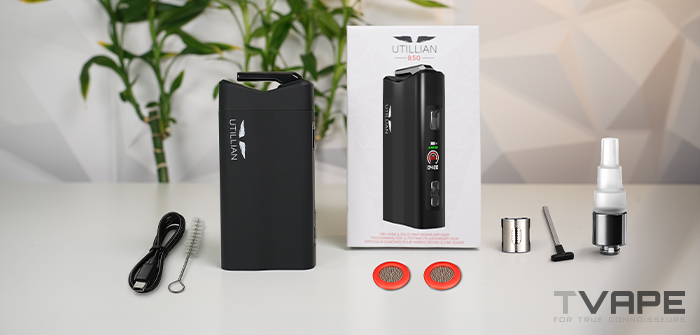 Kit complet du vaporisateur Utillian 850 avec accessoires incluant le canister à cire, les grilles, la brosse de nettoyage et le câble USB