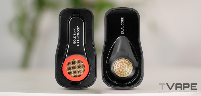 Vue rapprochée de la chambre d'herbes Gold Sink Technology et de la chambre de chauffe Dual Core du vaporisateur Utillian 850