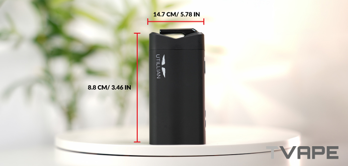 Dimensions du vaporisateur d'herbes sèches Utillian 850 – hauteur de 14,7 cm et largeur de 8,8 cm