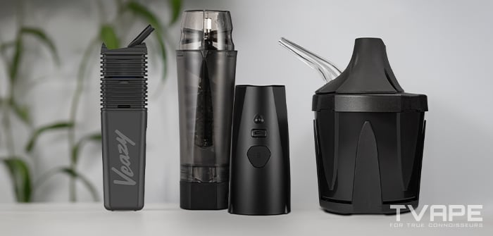 Le vaporisateur Veazy est présenté avec le Zeus Iceborn et le Zeus Xtruder E-Module, des accessoires pour vaporisateurs d'herbes sèches qui permettent de broyer automatiquement les herbes et de refroidir la vapeur.