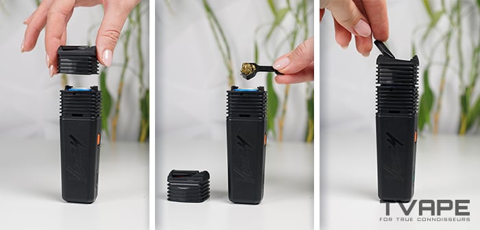 Processus de fonctionnement avec le vaporisateur Veazy de Storz et Bickel - chargement d'herbes sèches dans la chambre de chauffe