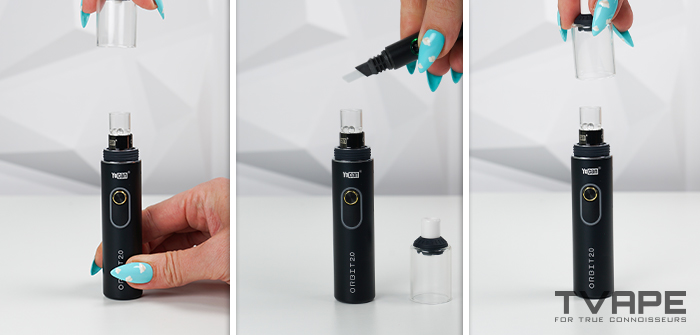 Le Yocan Orbit 2.0 en trois étapes : retrait de l'embout buccal en verre, chargement de la cire à l'aide d'un Utillian Hot Axe, puis remise en place de l'embout buccal.