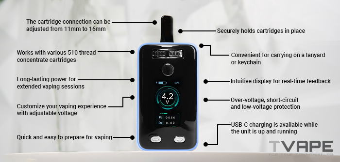 Yocan Uni 3.0 510 Thread Battery avec les principales caractéristiques écrites sur l'écran