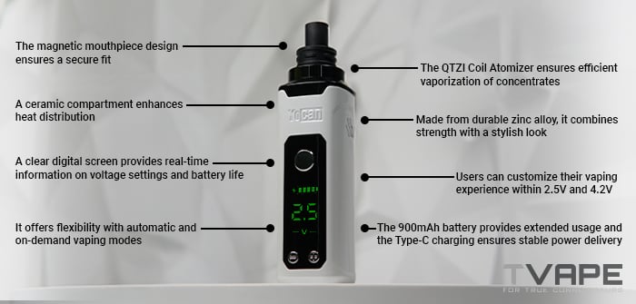 Yocan Nestor Stylo Dab avec les principales caractéristiques écrites sur l'écran