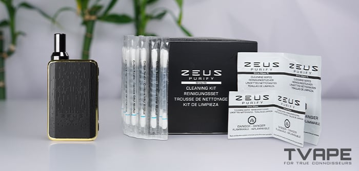 Zeus Ion Pro avec le kit de nettoyage Zeus Purify, comprenant des cotons-tiges et des lingettes de nettoyage