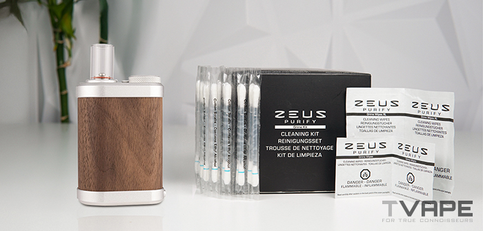Le vaporisateur Tinymight 2 est présenté avec le kit de nettoyage Zeus Purify.