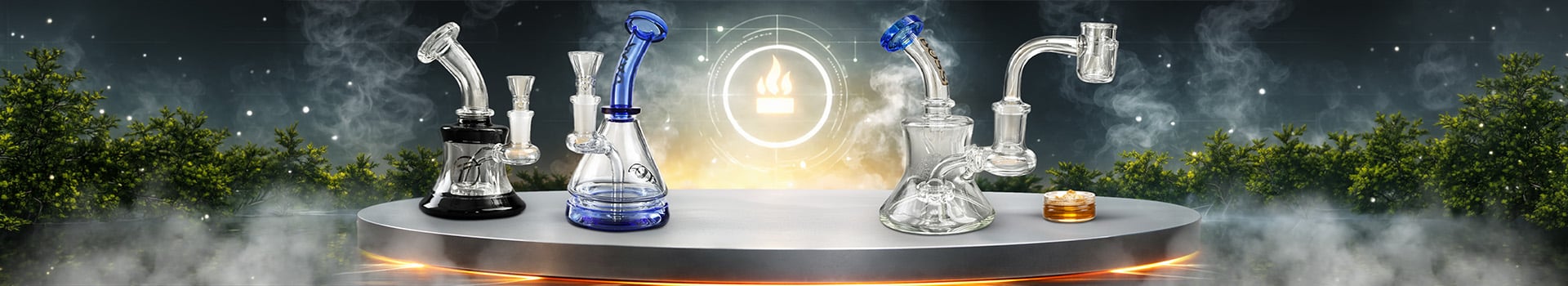 Collection de dab rigs en verre avec des bangers en quartz pour le dabbing de concentrés