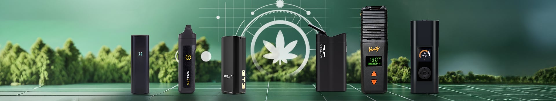 Vaporisateurs portables pour herbes sèches et utilisation en déplacement comprenant Pax Flow, Tronian Milatron, Zeus Arc GT3, Utillian 723, vaporisateur Venty et Arizer Solo 3, designs compacts et faciles à transporter pour vapoter en mobilité, présentés sur fond vert