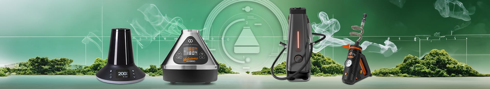 Vaporisateurs de salon haute performance pour herbes sèches comprenant Arizer XQ2 avec système ballon et tuyau, Volcano Hybrid avec modes d’inhalation doubles, AirVape Enso Shisha de style narguilé, et Storz & Bickel Plenty vaporisateur de bureau portatif, offrant chauffage par convection et contrôle précis de la température