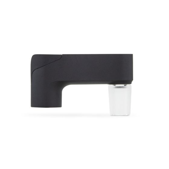Vue latérale de l’adaptateur en verre Puffco Pivot, avec un design noir épuré et un embout en verre transparent en bas.