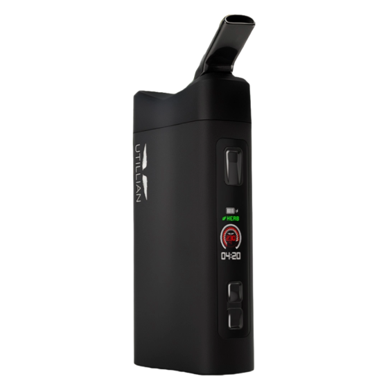 Vaporisateur Utillian 850 vu de face, de côté et de dos, avec les fonctionnalités clés : système de chauffage à double cœur, technologie Gold Sink, écran LCD couleur, usage double herbes et wax, airflow massif contrôlable et chauffe en 25 secondes
