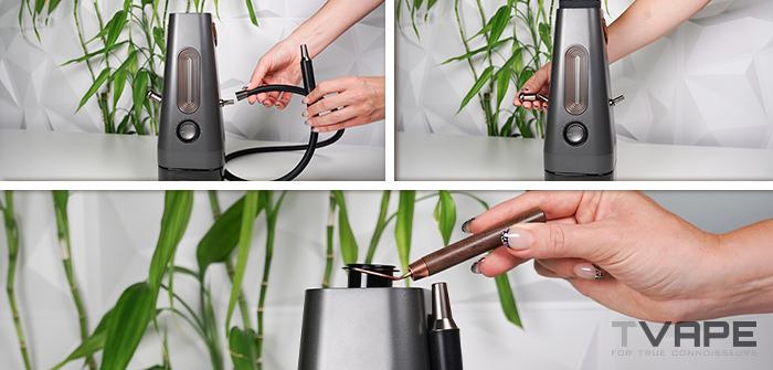 Collage en trois étapes montrant comment le tuyau de vapotage de l'AirVape Enso 2026 se fixe magnétiquement à l'orifice latéral et comment l'embout buccal en acier inoxydable, de conception nouvelle, s'insère dans l'appareil