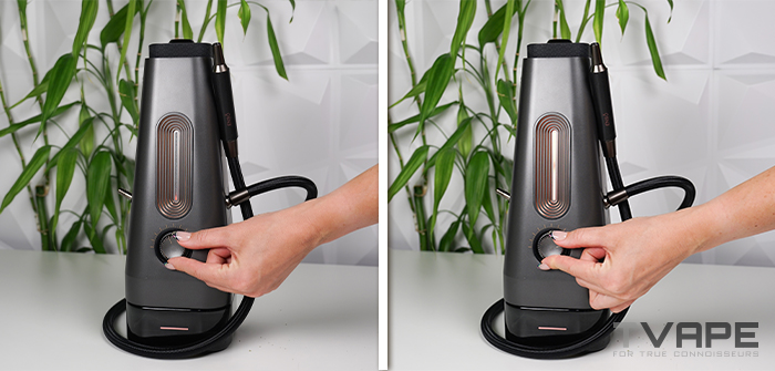 Deux vues côte à côte d'une main en train de tourner le bouton de réglage de la température sur l'AirVape Enso, la barre lumineuse LED à l'avant s'intensifiant à mesure que le niveau de chaleur augmente