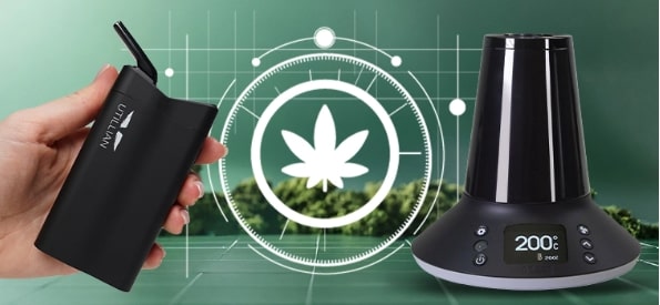 Main tenant un vaporisateur portable Utillian pour herbes sèches à côté du vaporisateur de bureau Arizer XQ2 avec écran numérique réglé à 200 °C, sur fond technologique vert moderne