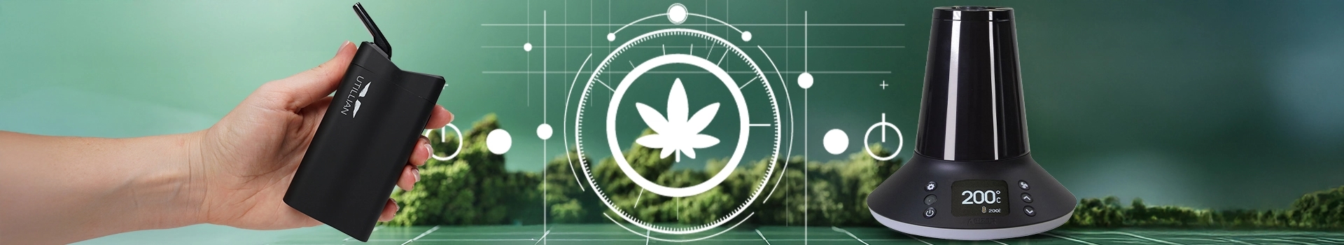 Main tenant un vaporisateur portable Utillian pour herbes sèches à côté du vaporisateur de bureau Arizer XQ2 avec écran numérique réglé à 200 °C, sur fond technologique vert moderne