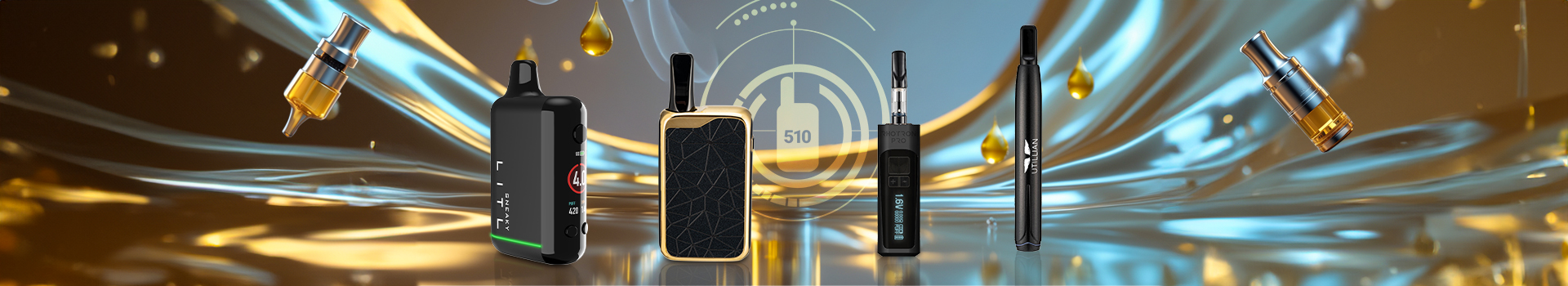 Sélection de batteries vape à pas de vis 510 comprenant Litl Sneaky, Zeus Ion, Tronian Rhotron Pro et Utillian 50 sur fond doré à l’huile