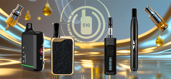 Sélection de batteries vape à pas de vis 510 comprenant Litl Sneaky, Zeus Ion, Tronian Rhotron Pro et Utillian 50 sur fond doré à l’huile