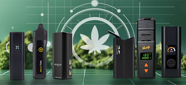 Vaporisateurs portables pour herbes sèches et utilisation en déplacement comprenant Pax Flow, Tronian Milatron, Zeus Arc GT3, Utillian 723, vaporisateur Venty et Arizer Solo 3, designs compacts et faciles à transporter pour vapoter en mobilité, présentés sur fond vert