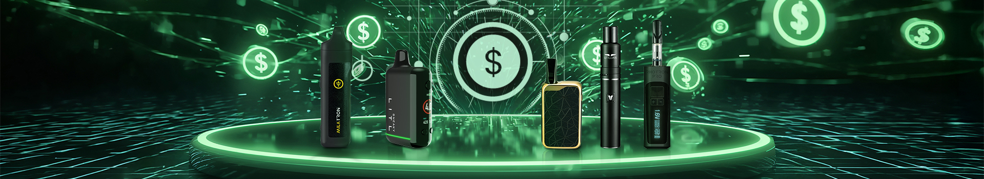 Vaporisateurs abordables à moins de 100 € comprenant Tronian Milatron, Litl Sneaky, Zeus Ion, Utillian 5 et Tronian Rhotron Pro, présentés sur fond vert