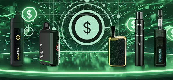 Vaporisateurs abordables à moins de 100 € comprenant Tronian Milatron, Litl Sneaky, Zeus Ion, Utillian 5 et Tronian Rhotron Pro, présentés sur fond vert