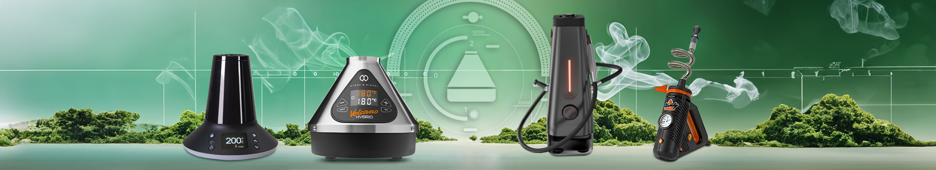 Vaporisateurs de salon haute performance pour herbes sèches comprenant Arizer XQ2 avec système ballon et tuyau, Volcano Hybrid avec modes d’inhalation doubles, AirVape Enso Shisha de style narguilé, et Storz & Bickel Plenty vaporisateur de bureau portatif, offrant chauffage par convection et contrôle précis de la température