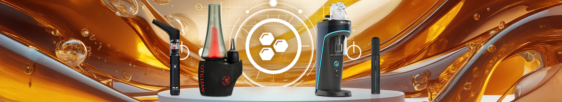 Vaporisateurs haut de gamme pour concentrés, cires et huiles comprenant Utillian 6 dab pen, Utillian 8 E-Rig électrique, Dr. Dabber Switch 2 E-Rig et Puffco Pivot dab pen, présentés sur fond doré à l’huile