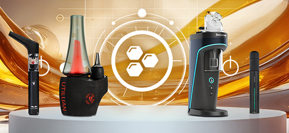 Vaporisateurs haut de gamme pour concentrés, cires et huiles comprenant Utillian 6 dab pen, Utillian 8 E-Rig électrique, Dr. Dabber Switch 2 E-Rig et Puffco Pivot dab pen, présentés sur fond doré à l’huile