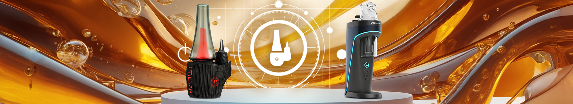 Vaporisateurs électriques haut de gamme pour concentrés et cires comprenant Utillian 8 E-Rig et Dr. Dabber Switch 2, présentés sur fond doré à l’huile